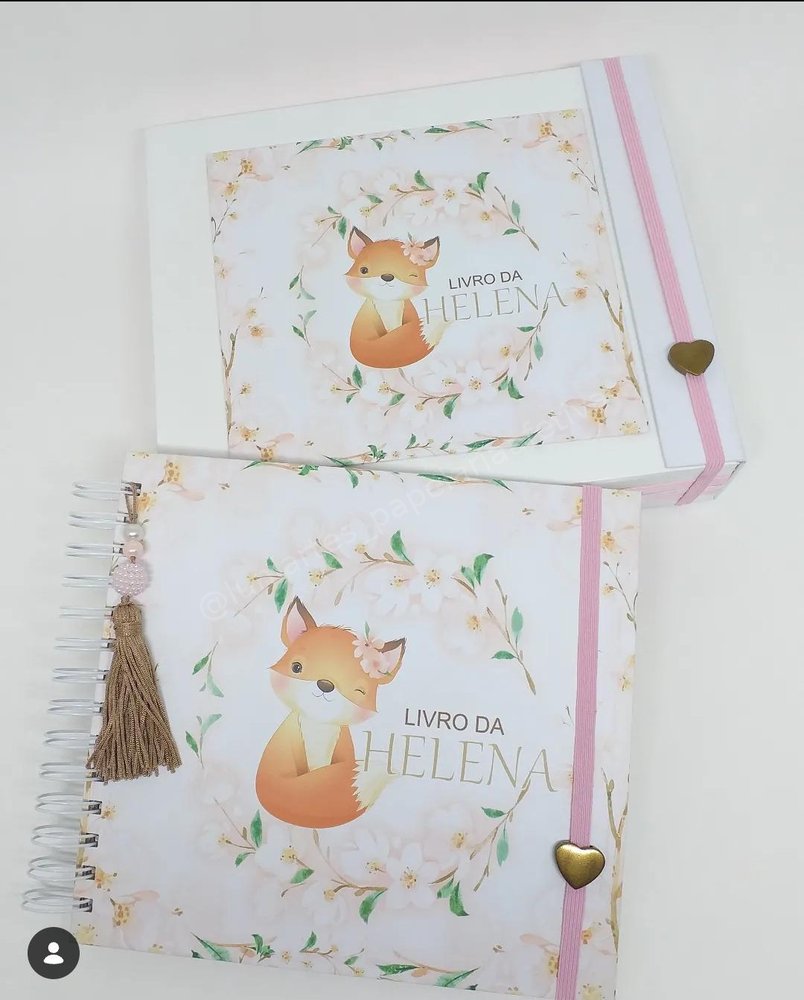 Livro de memórias com caixa presente, tema raposinha